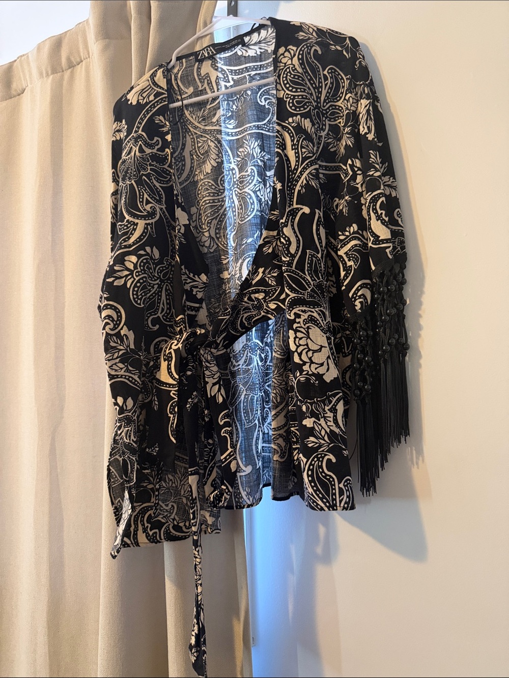 Zara Black & Cream Paisley Fringe Wrap Blazer